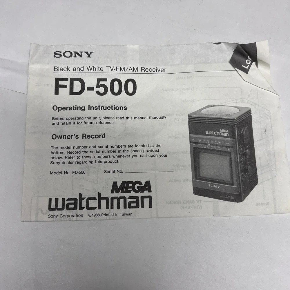 Vintage 1988 Sony Mega Watchman FD-500 Portable TV AM FM Radio Box Manual